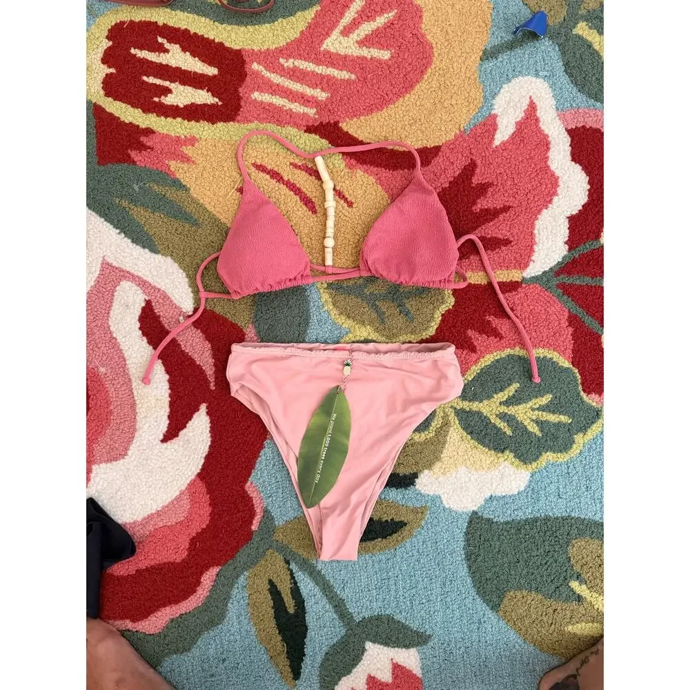 Farm Rio Rose Pink High Rise Cheeky Bikini Bottom NWT Size M $90